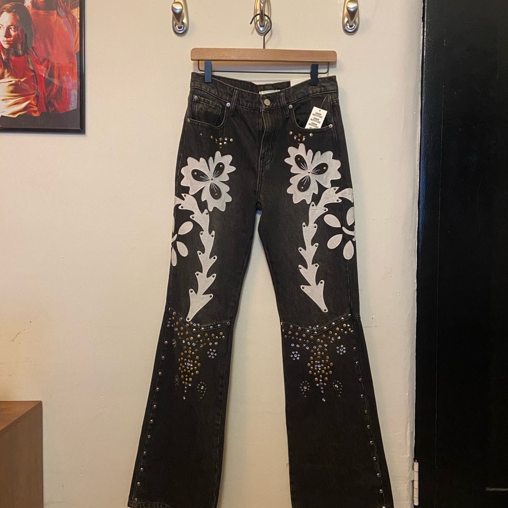 Black Flare Wide Leg Jeans with Floral Embroidery